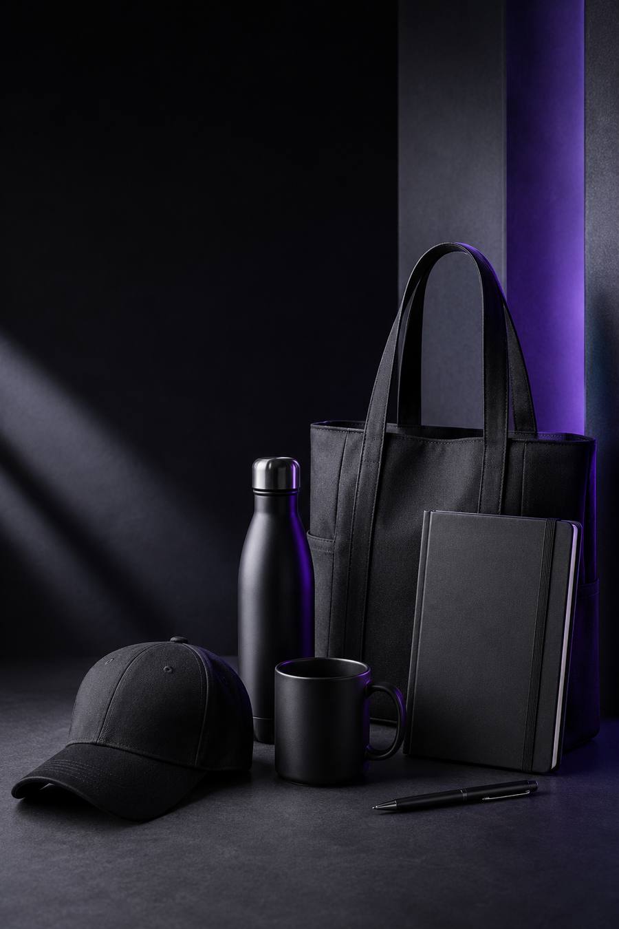 Kit de merchandising NGS MerchLab: tote bag, botella, mug, cuaderno, gorra y lapicera en negro mate